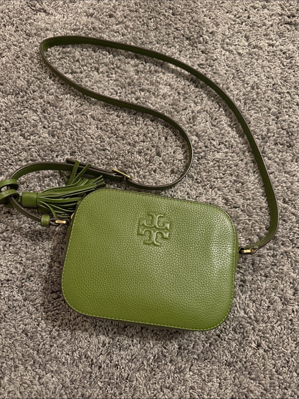 Tory Burch Olive Green Pebbled Leather Crossbody with Tassel